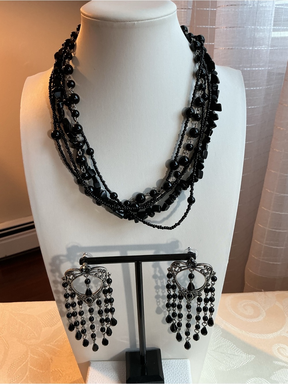 Black Glass Multi-Strand Silver Tone Statement Necklace and Earrings Set
